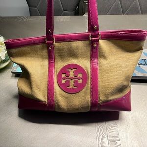 Vintage Tory Burch straw pink and gold tote